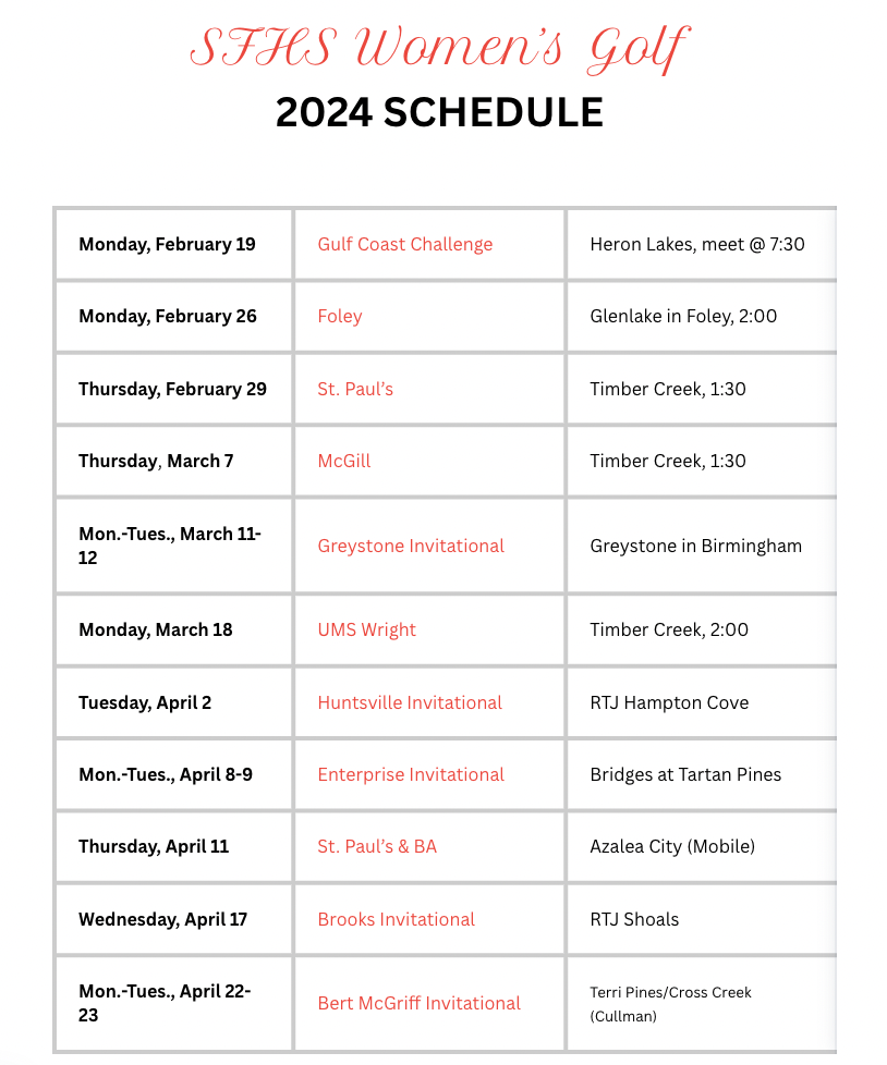 SF Girls Golf Schedule 2024